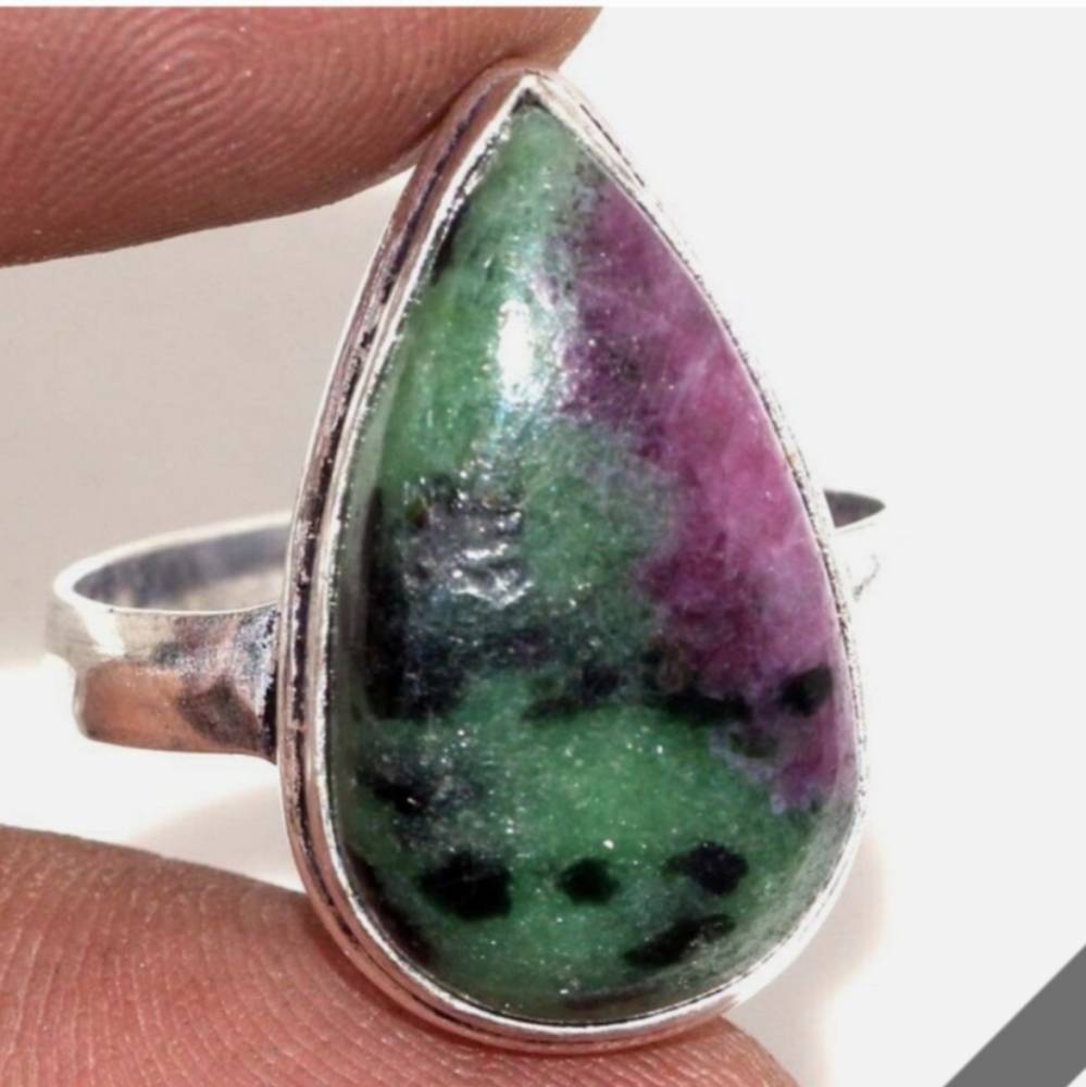 Hand Crafted Artisan Ruby Zoisite & Silver Statement Ring - Size 9
